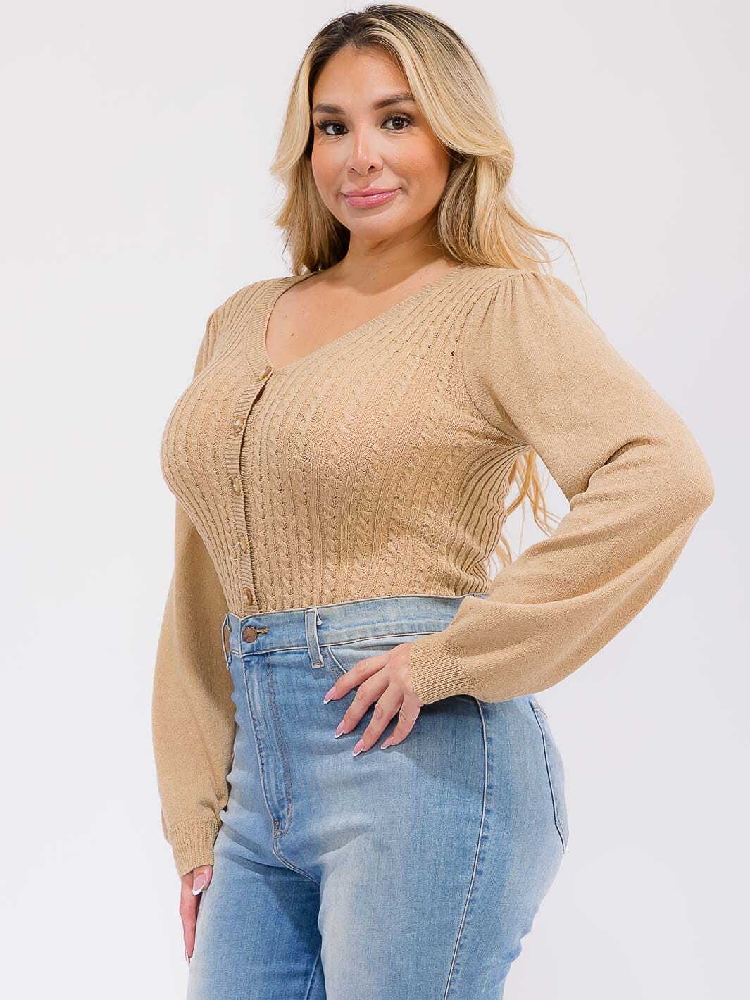 PLUS SIZE LONG SLEEVE BUTTON UP RIBBED KNIT BODYSUIT