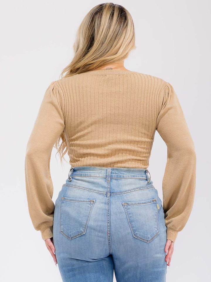 PLUS SIZE LONG SLEEVE BUTTON UP RIBBED KNIT BODYSUIT