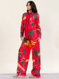 HALFHEART WOMEN'S LONG SLEEVE BUTTON UP TOP & ELASTIC WAIST WIDE LEG PANTS MULTI PRINT 2PC. SET