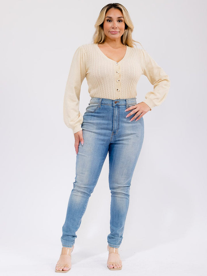 PLUS SIZE LONG SLEEVE BUTTON UP RIBBED KNIT BODYSUIT