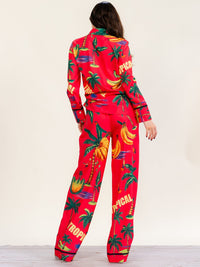 HALFHEART WOMEN'S LONG SLEEVE BUTTON UP TOP & ELASTIC WAIST WIDE LEG PANTS MULTI PRINT 2PC. SET