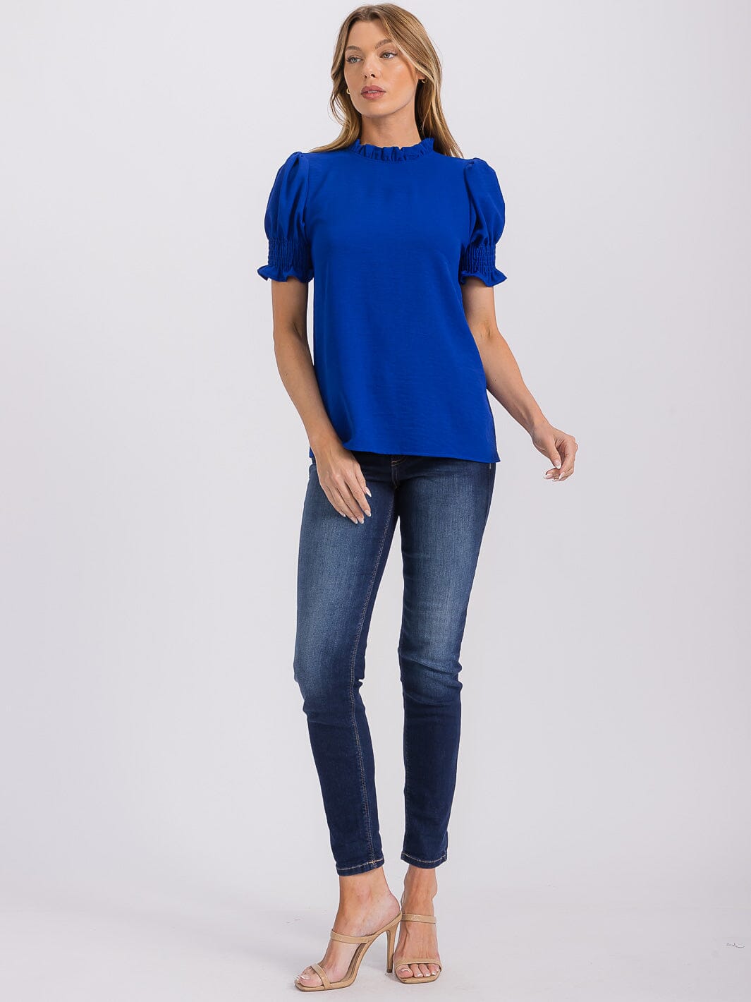 WOMEN'S SHORT PUFF SLEEVE MOCK NECK BLOUSE