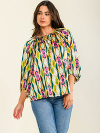 WOMEN'S 3/4 SLEEVE V-NECK MULTI PRINT TUNIC BLOUSE
