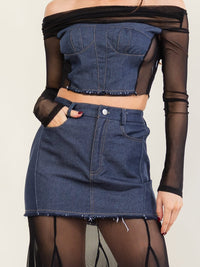 HALFHEART WOMEN'S LONG SLEEVE OFF SHOULDER CROP TOP & BUTTON CLOSURE MAXI SKIRT DENIM MESH 2PC. SET