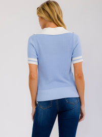 WOMEN'S SHORT SLEEVE V-NECK BUTTON UP COLORBLOCK RIBBED BLOUSE
