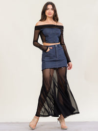 HALFHEART WOMEN'S LONG SLEEVE OFF SHOULDER CROP TOP & BUTTON CLOSURE MAXI SKIRT DENIM MESH 2PC. SET