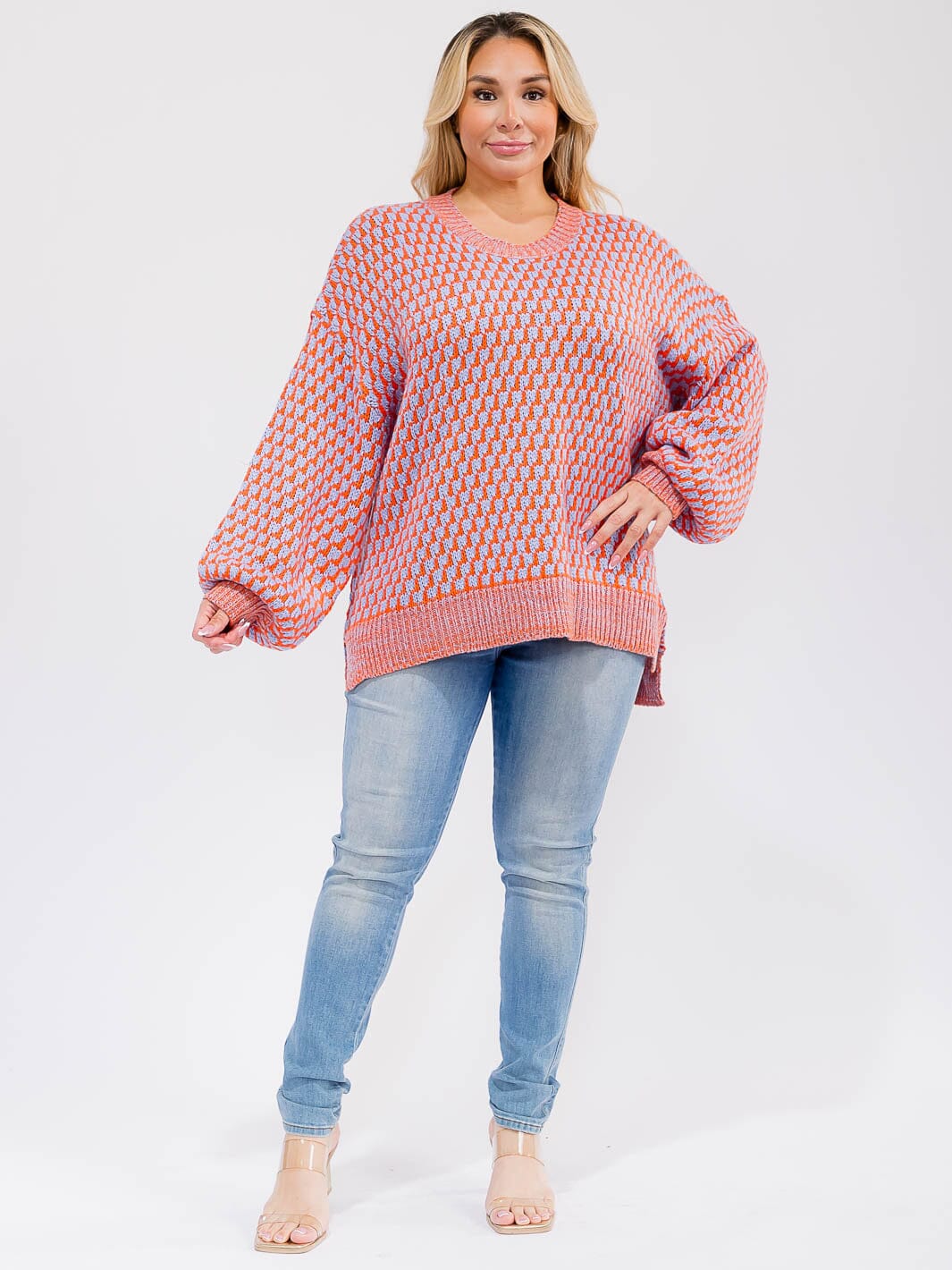 PLUS SIZE LONG SLEEVE COLORBLOCK PULLOVER KNIT SWEATER