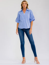 WOMEN'S SHORT SLEEVE BUTTON UP FRONT POCKET STRIPES SHIRT