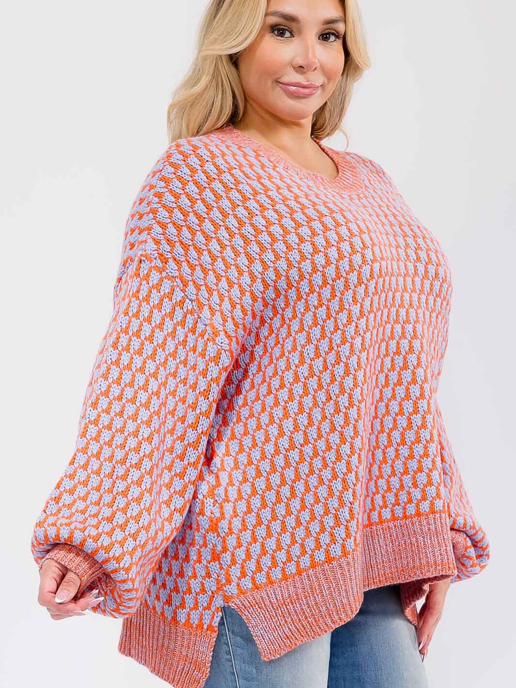 PLUS SIZE LONG SLEEVE COLORBLOCK PULLOVER KNIT SWEATER