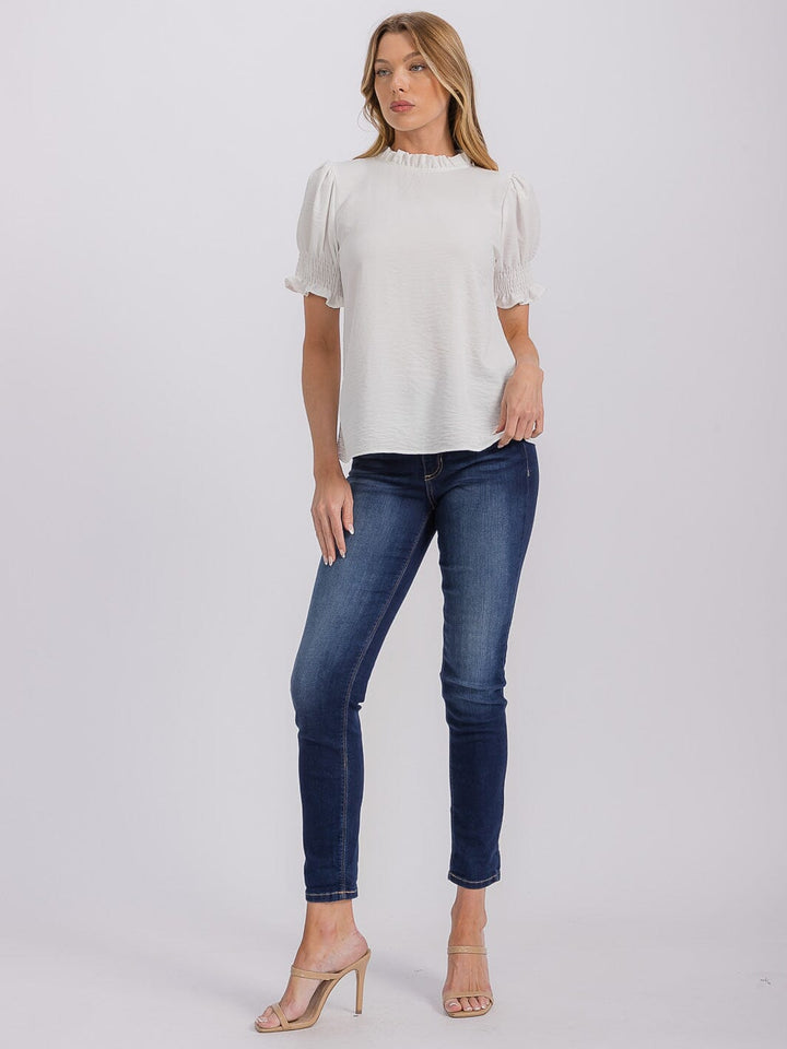 WOMEN'S SHORT PUFF SLEEVE MOCK NECK BLOUSE