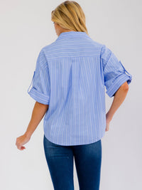 WOMEN'S SHORT SLEEVE BUTTON UP FRONT POCKET STRIPES SHIRT