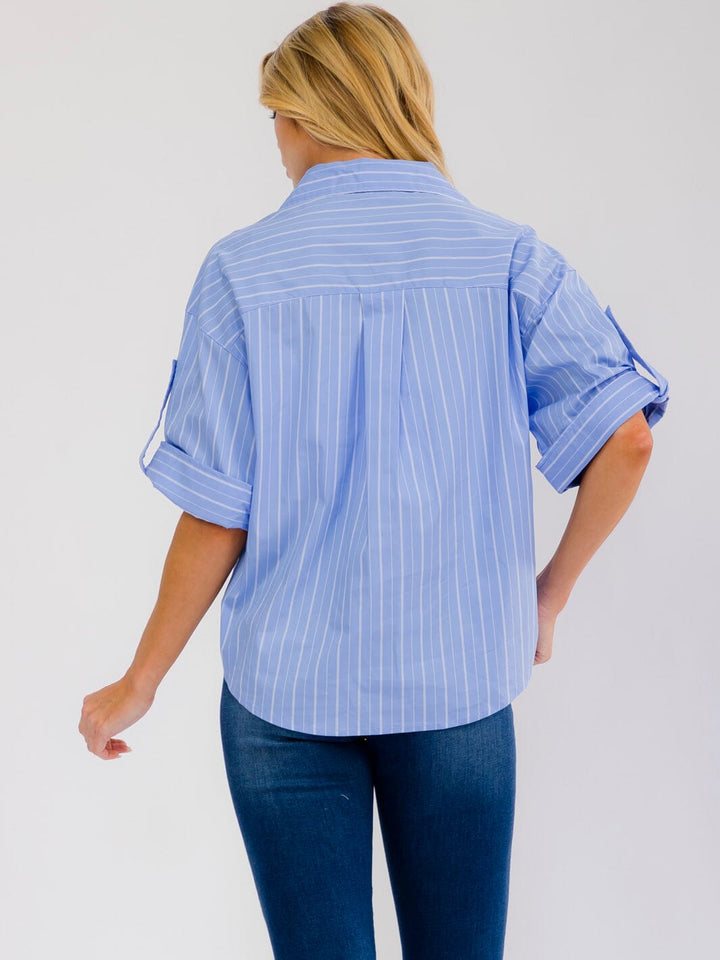 WOMEN'S SHORT SLEEVE BUTTON UP FRONT POCKET STRIPES SHIRT