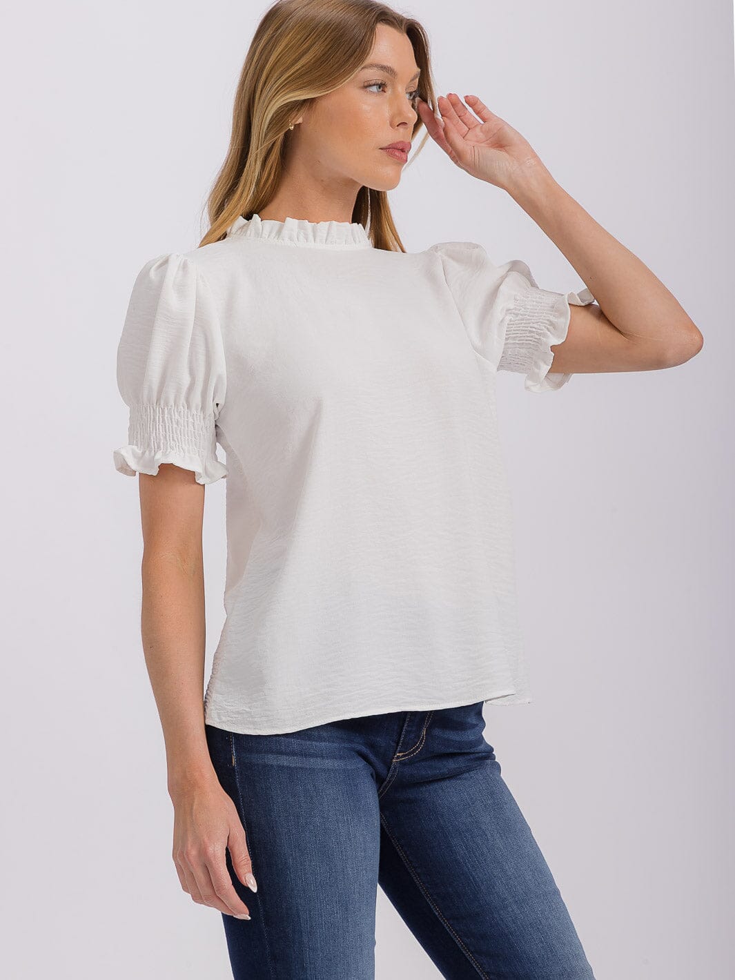 WOMEN'S SHORT PUFF SLEEVE MOCK NECK BLOUSE