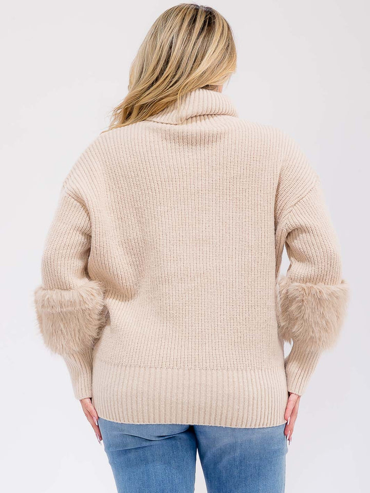 PLUS SIZE LONG SLEEVE TURTLE NECK SHERPA DETAIL PULLOVER SWEATER