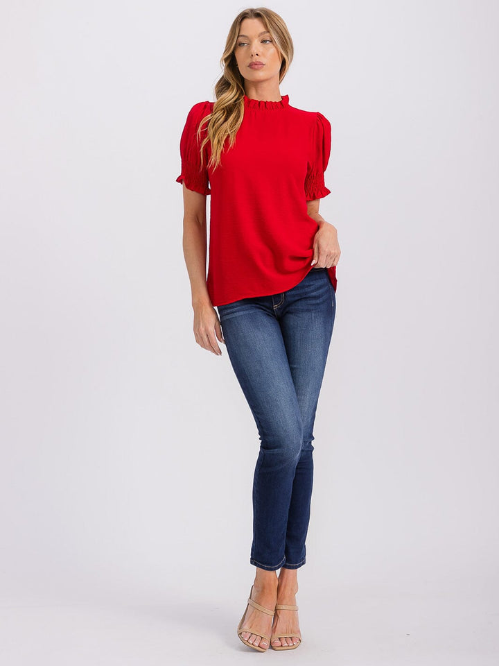 WOMEN'S SHORT PUFF SLEEVE MOCK NECK BLOUSE