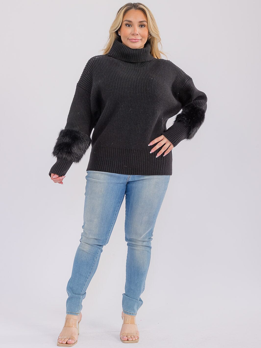 PLUS SIZE LONG SLEEVE TURTLE NECK SHERPA DETAIL PULLOVER SWEATER
