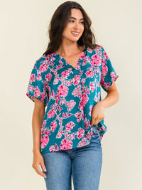 ENTRO WOMEN'S SHORT SLEEVE V-NECK FLORAL PRINT HIGH-LOW BLOUSE