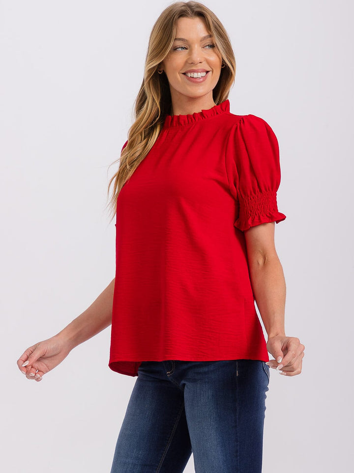 WOMEN'S SHORT PUFF SLEEVE MOCK NECK BLOUSE