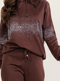 HALFHEART WOMEN'S LONG SLEEVE HOODED PULLOVER SWEATER & ELASTIC WAIST WIDE LEG PANTS RHINESTONES DETAILED 2PC. SET