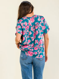 ENTRO WOMEN'S SHORT SLEEVE V-NECK FLORAL PRINT HIGH-LOW BLOUSE