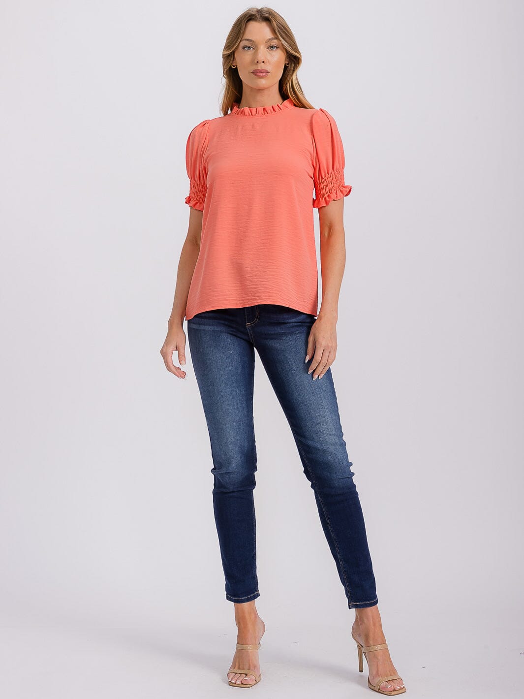 WOMEN'S SHORT PUFF SLEEVE MOCK NECK BLOUSE