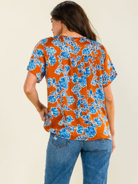 ENTRO WOMEN'S SHORT SLEEVE V-NECK FLORAL PRINT HIGH-LOW BLOUSE