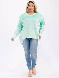 PLUS SIZE LONG SLEEVE COLORBLOCK FRINGE HIGH-LOW PULLOVER SWEATER