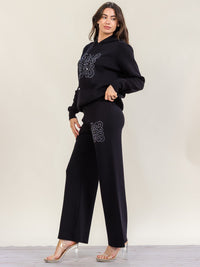 HALFHEART WOMEN'S LONG SLEEVE HOODED PULLOVER SWEATER & ELASTIC WAIST WIDE LEG PANTS GRAPHIC EMBROIDERY DETAILED 2PC. SET