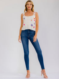 WOMEN'S SLEEVELESS BUTTON UP FLORAL KNIT TANK TOP