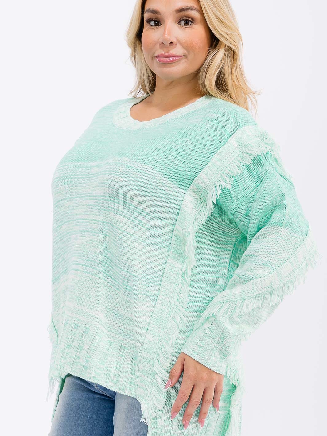 PLUS SIZE LONG SLEEVE COLORBLOCK FRINGE HIGH-LOW PULLOVER SWEATER