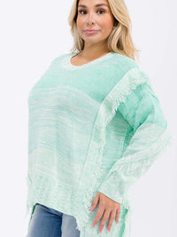 PLUS SIZE LONG SLEEVE COLORBLOCK FRINGE HIGH-LOW PULLOVER SWEATER
