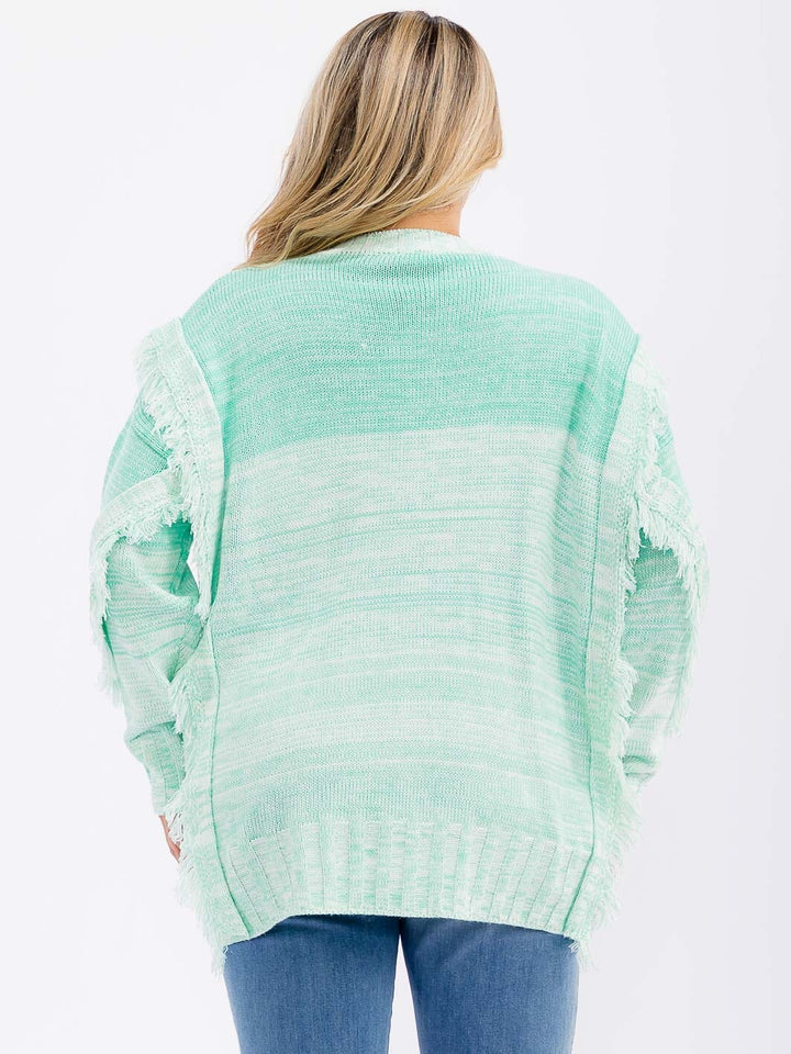 PLUS SIZE LONG SLEEVE COLORBLOCK FRINGE HIGH-LOW PULLOVER SWEATER