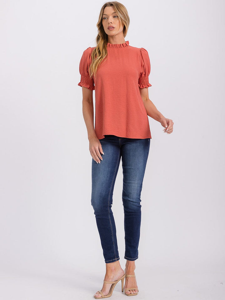 WOMEN'S SHORT PUFF SLEEVE MOCK NECK BLOUSE