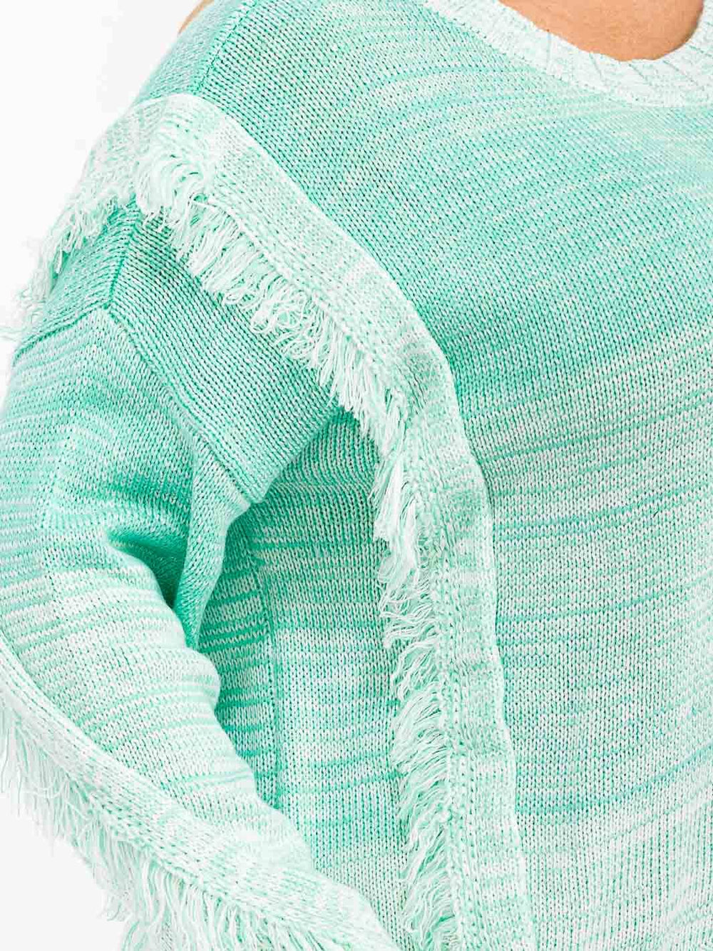 PLUS SIZE LONG SLEEVE COLORBLOCK FRINGE HIGH-LOW PULLOVER SWEATER