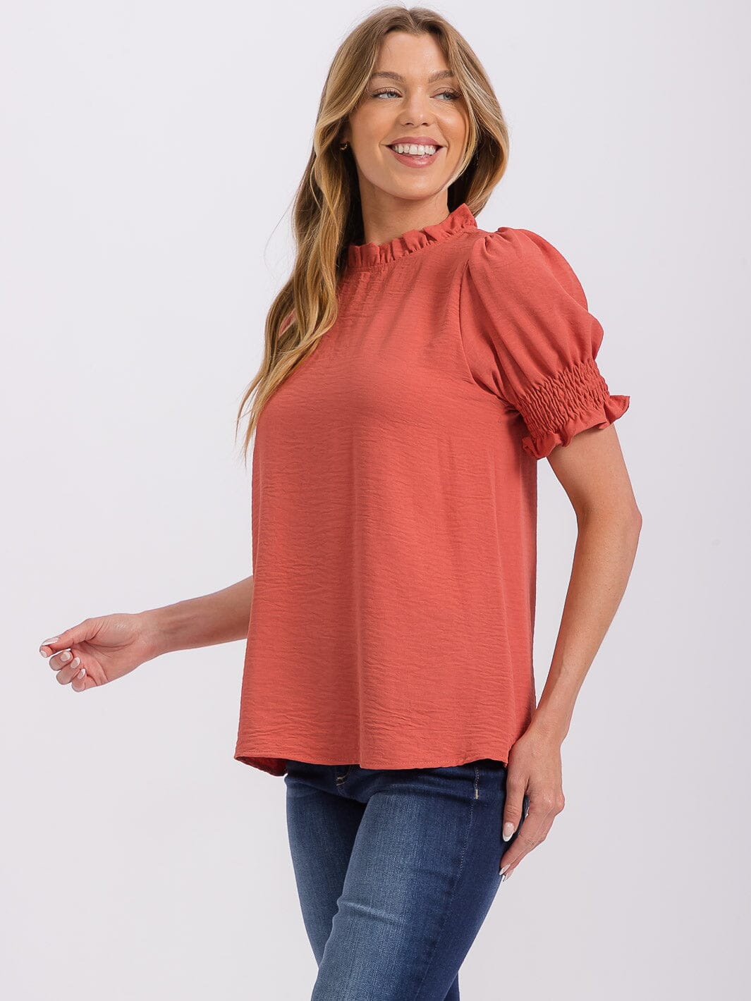 WOMEN'S SHORT PUFF SLEEVE MOCK NECK BLOUSE