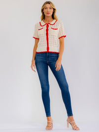 WOMEN'S SHORT SLEEVE BUTTON UP FRONT POCKETS CROCHET COLORBLOCK BLOUSE