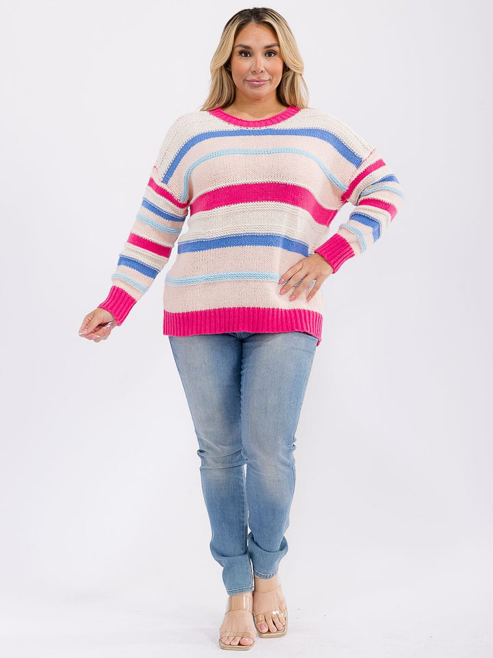 PLUS SIZE LONG SLEEVE COLORBLOCK STRIPES PULLOVER KNIT SWEATER