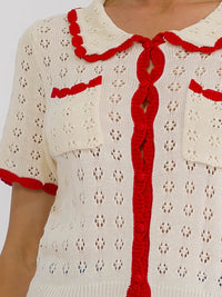 WOMEN'S SHORT SLEEVE BUTTON UP FRONT POCKETS CROCHET COLORBLOCK BLOUSE
