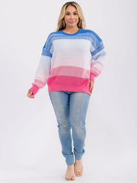 PLUS SIZE LONG SLEEVE COLORBLOCK STRIPES PULLOVER KNIT SWEATER