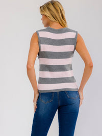WOMEN'S SLEEVELESS V-NECK BUTTON UP COLORBLOCK STRIPES KNIT TOP
