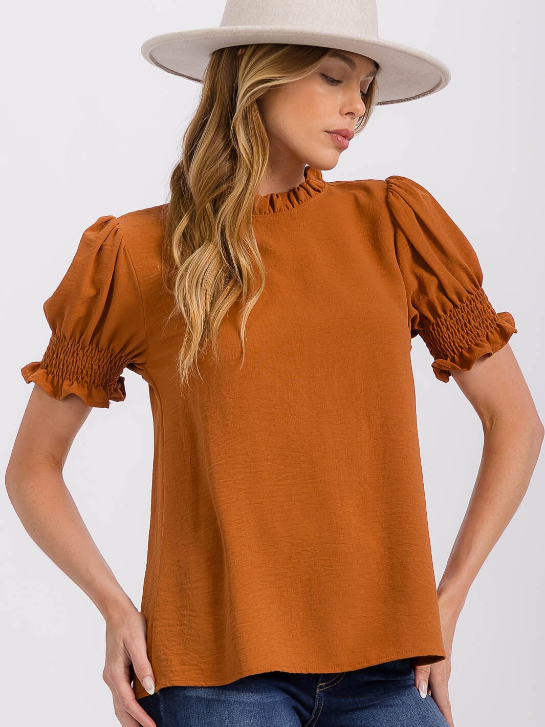 WOMEN'S SHORT PUFF SLEEVE MOCK NECK BLOUSE