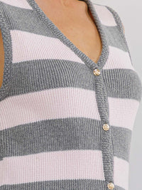 WOMEN'S SLEEVELESS V-NECK BUTTON UP COLORBLOCK STRIPES KNIT TOP