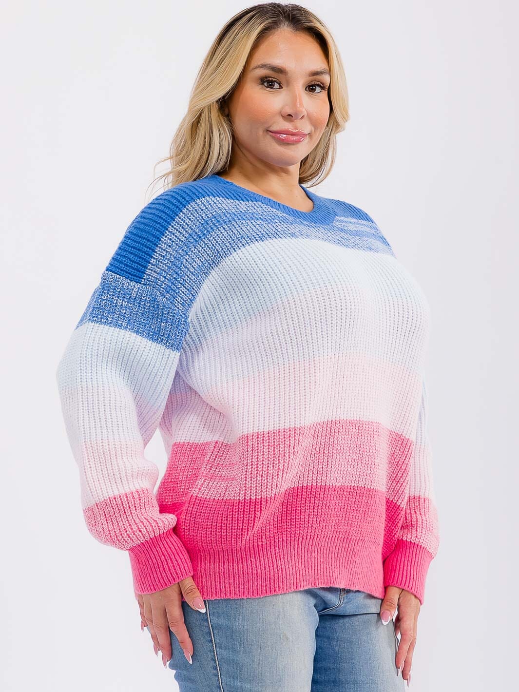 PLUS SIZE LONG SLEEVE COLORBLOCK STRIPES PULLOVER KNIT SWEATER