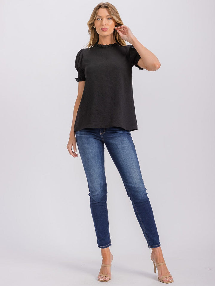 WOMEN'S SHORT PUFF SLEEVE MOCK NECK BLOUSE