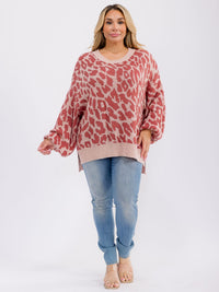 PLUS SIZE LONG SLEEVE V-NECK ANIMAL PRINT PULLOVER SWEATER