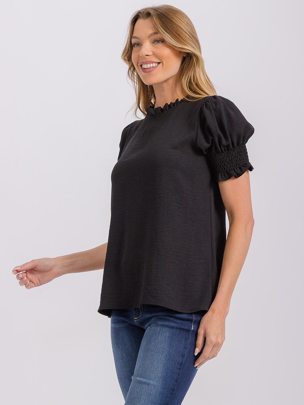 WOMEN'S SHORT PUFF SLEEVE MOCK NECK BLOUSE