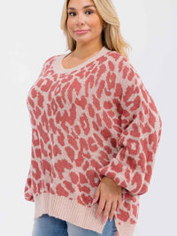 PLUS SIZE LONG SLEEVE V-NECK ANIMAL PRINT PULLOVER SWEATER