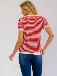 WOMEN'S SHORT SLEEVE COLORBLOCK STRIPES KNIT TOP