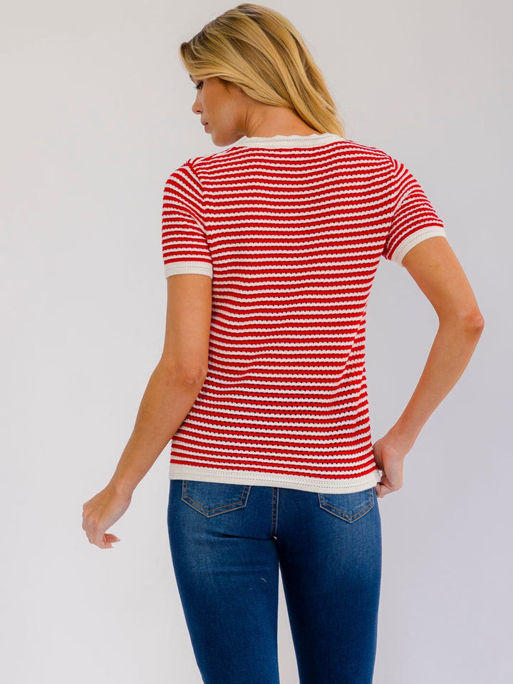 WOMEN'S SHORT SLEEVE COLORBLOCK STRIPES KNIT TOP
