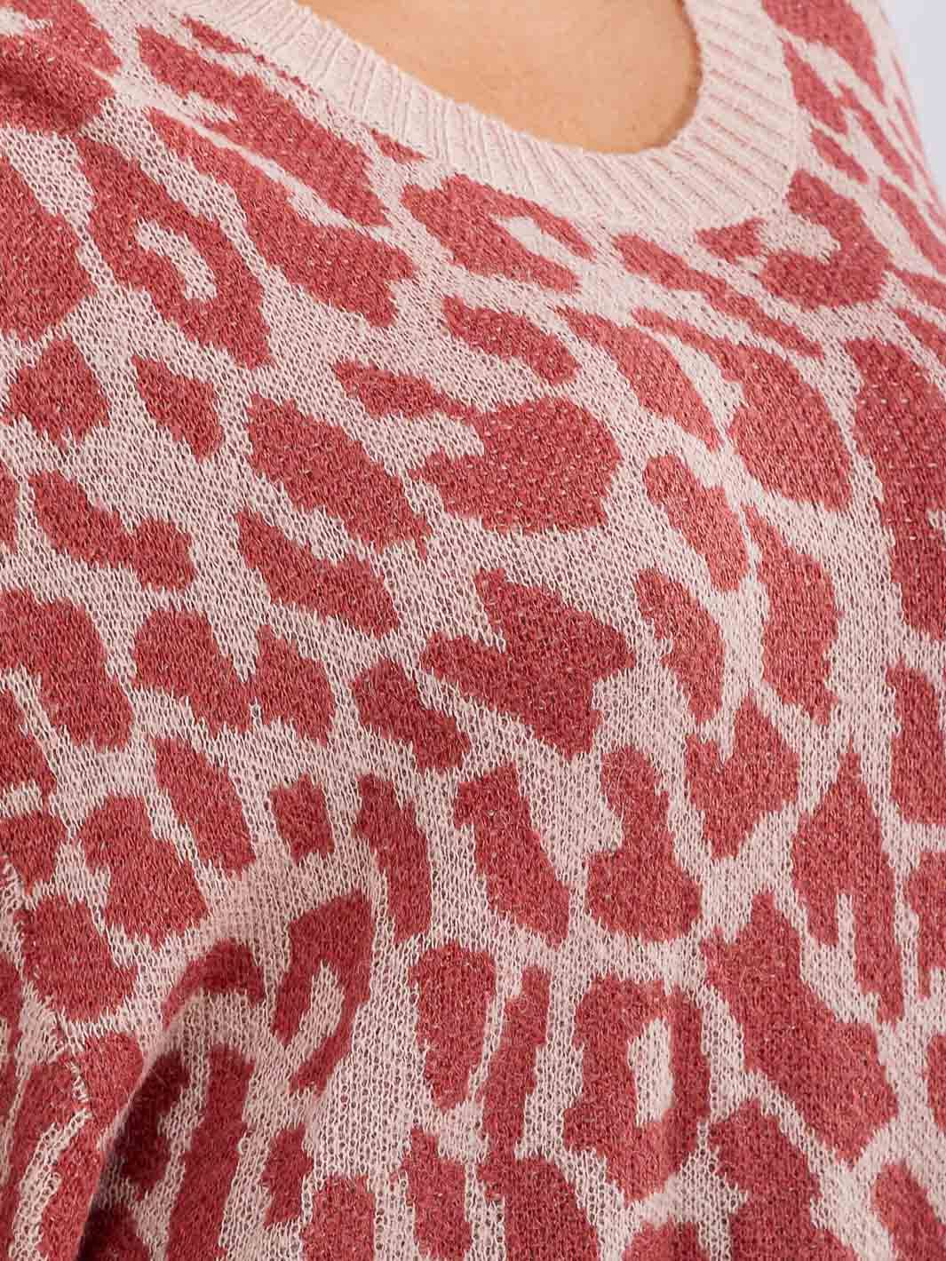 PLUS SIZE LONG SLEEVE V-NECK ANIMAL PRINT PULLOVER SWEATER